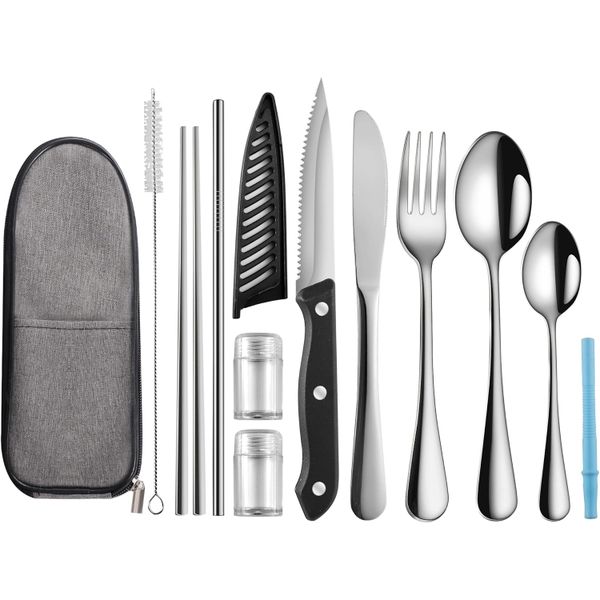 QYNIAL 11-Pc Stainless Steel Cutlery Set with Case, Chopsticks, Straw