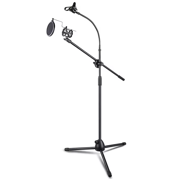 Microphone Stand Metal Mic Floor Stand Tripod Adjustable with Phone Holder