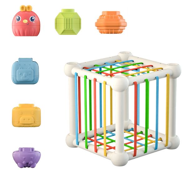 Olive Tree - Baby Toddler Colourful Sensory Blocks &amp; Rubber Band Cage Toy