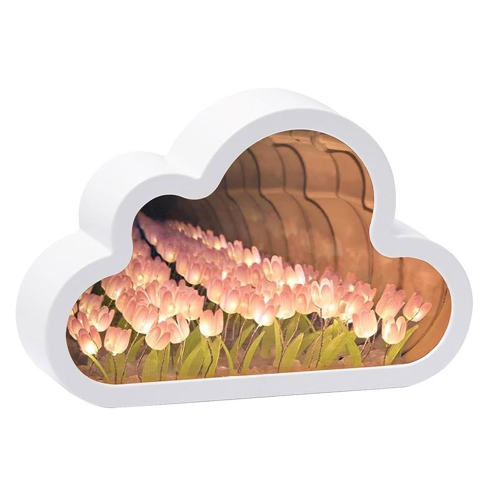 DIY Cute Pink Tulip Flower LED Night Light Lamp With Mirror For Home Decor