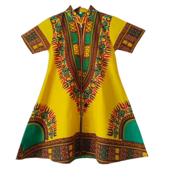 African Dashiki Kids Dress - Traditional Print, Yellow
