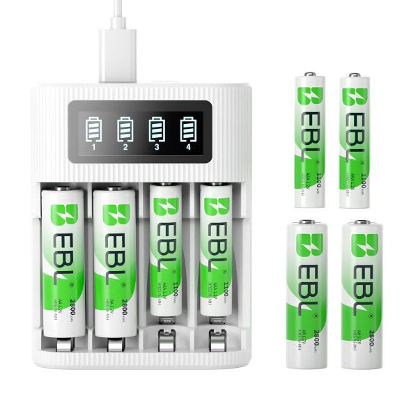 EBL AA and AAA 4 Slot LCD Battery Charger Micro/C USB input with Batteries