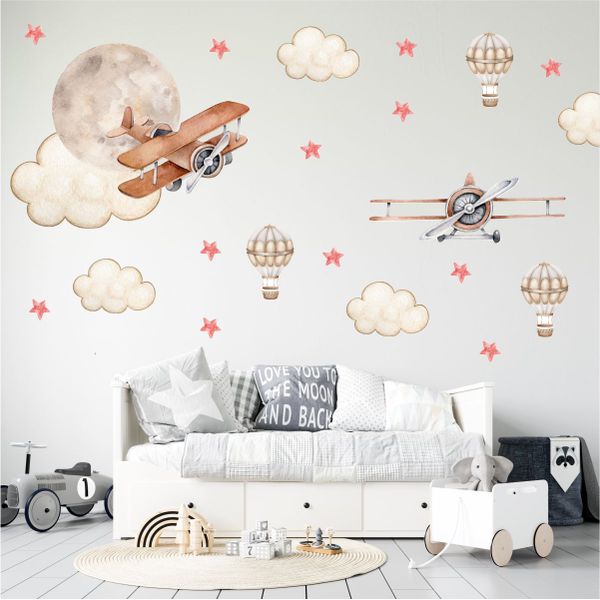 Vintage Aeroplanes and Clouds Wall Stickers