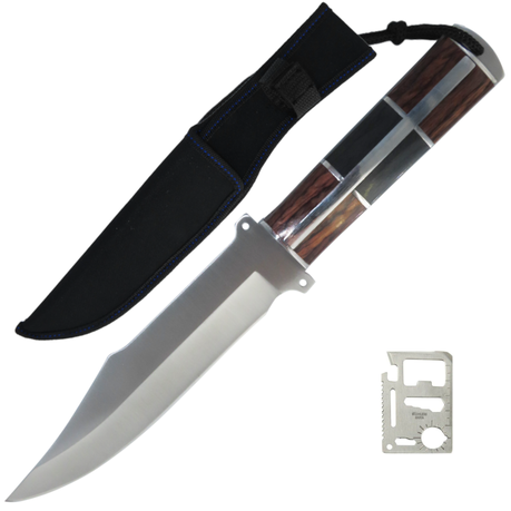 Hunting and Camping Knife with Segmented Wood Handle and Multi Tool Card Image