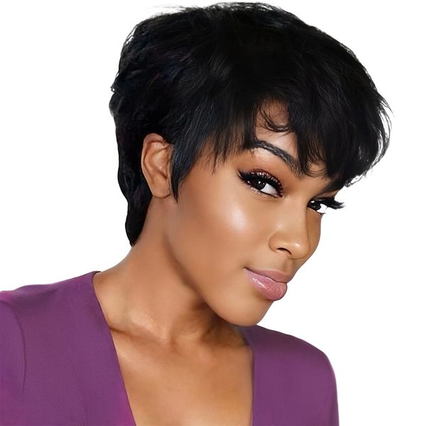 Straight Human Hair Wig Non Lace Wig Bob Cut Straight Pixie Wig Black In