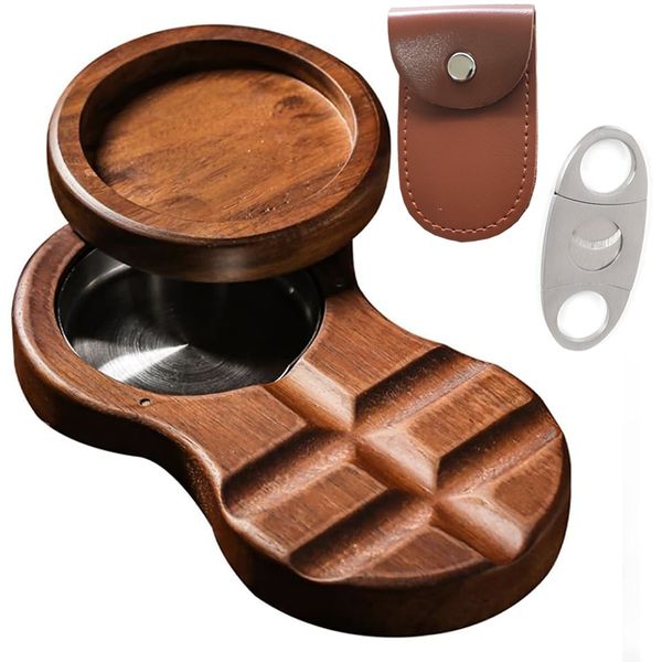 Wooden Cigar Ashtray With Lid&amp;Coaster Includes Cigar Cutter Set Great Gift