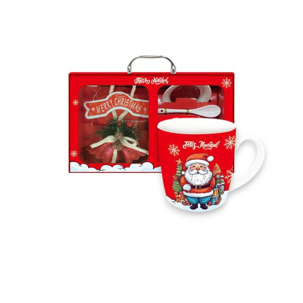 Red Santa Gift cups with Ceramic Spoon, Saurcer and Merry Christmas Tree