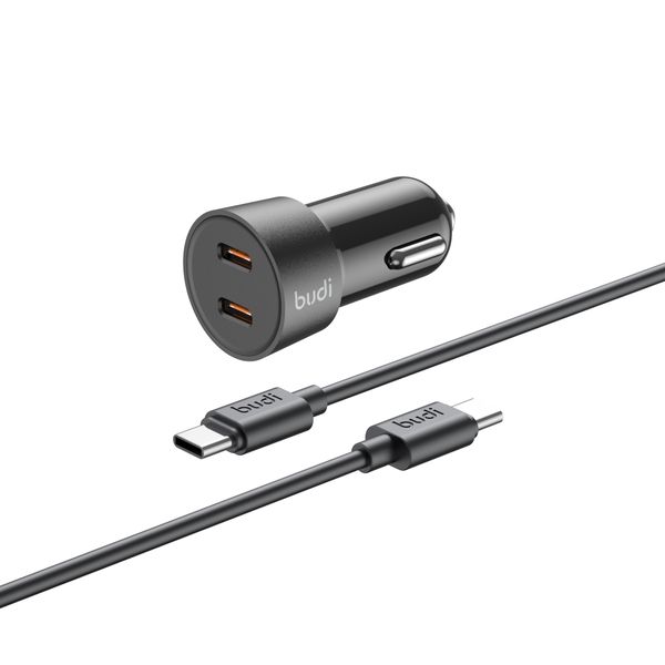 budi 33W PPS Mini PD Car Charger Dual USB-C to USB-C Cable