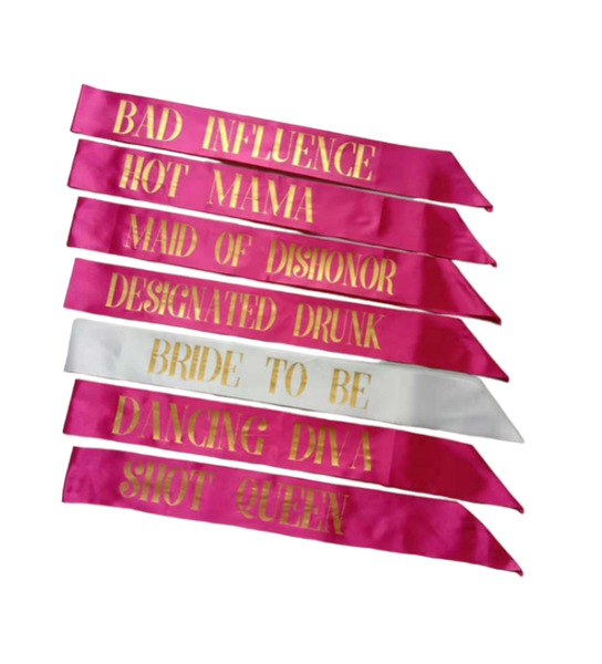 Fun Bachelorette Party Hot Pink Statement Sash and 1 White Bridal Sash - 7Piece