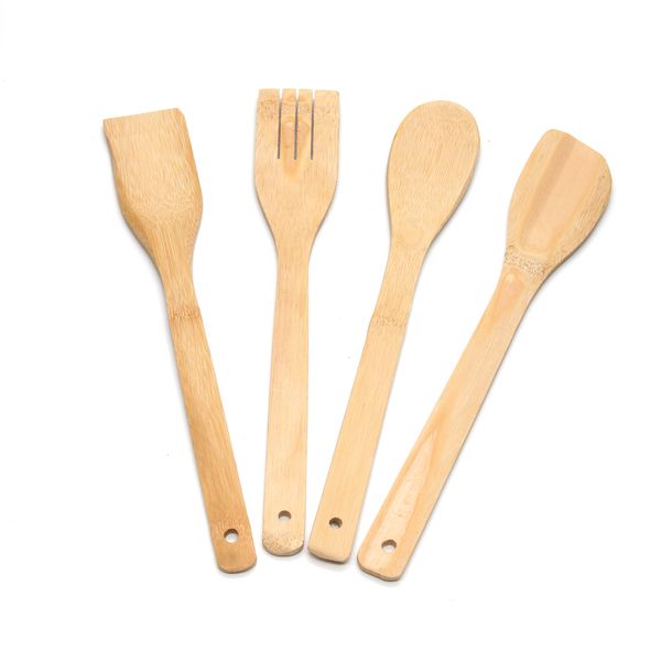 Bamboo Wooden Non-Stick with Long Handle Cooking Spoons 4 Piece Set -Beige