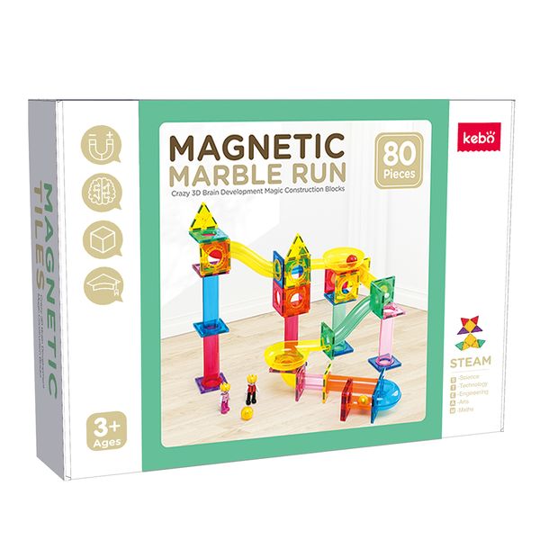 KEBO Magnetic Marble Run Playset - 80 Piece Magnetic Tiles &amp; Tube Track Set