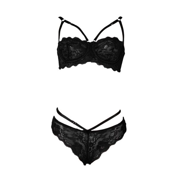 Adjustable Lace Bra and Thong Lingerie - Black