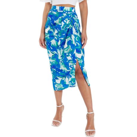 Quiz Ladies Blue Satin Tropical Print Ruched Midi Skirt Shop Today. Get it Tomorrow takealot