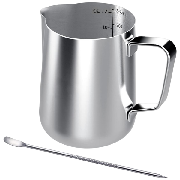 Milk Frothing Pitcher with Latte Art Needle, Stainless Steel, 350ml, Silver