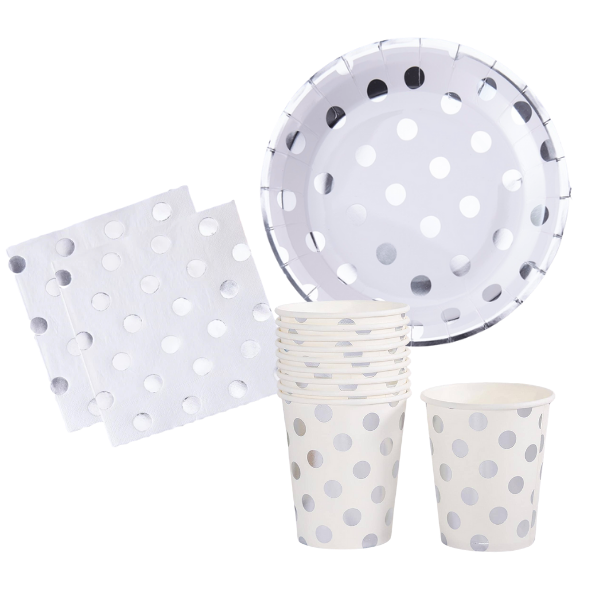 Silver Polka Dot Party Decor - Table Decor - Rose Gold and White - 40 Piece