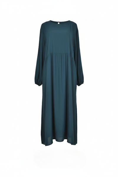 Plain Deep Sea Viscose Cotton Long Sleeve Modest Pleated Dress