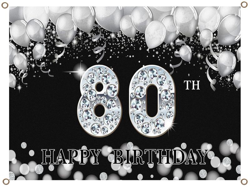 Happy 80th Birthday Banner PVC Silver and Black 1.3MX900MM