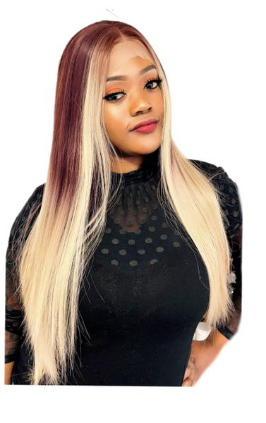 Luxury Synthetic Wig 24” Straight 13×4 Maroon &amp; Blonde