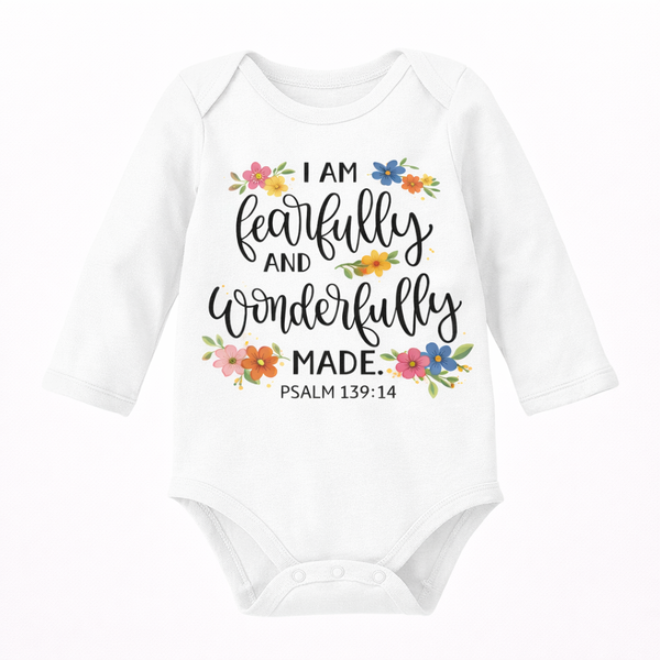 Religious - Fearfully Made Bible Verse Long Sleeve Baby Grow