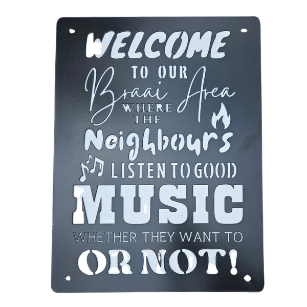 Black Braai Area Steel Decor Wall Art - Welcome to our braai area 50x38cm