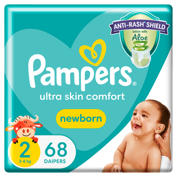 Pampers Anti-Rash Shield Taped Size 2 (3-8 kg) 68 Nappies, Lotion With Aloe