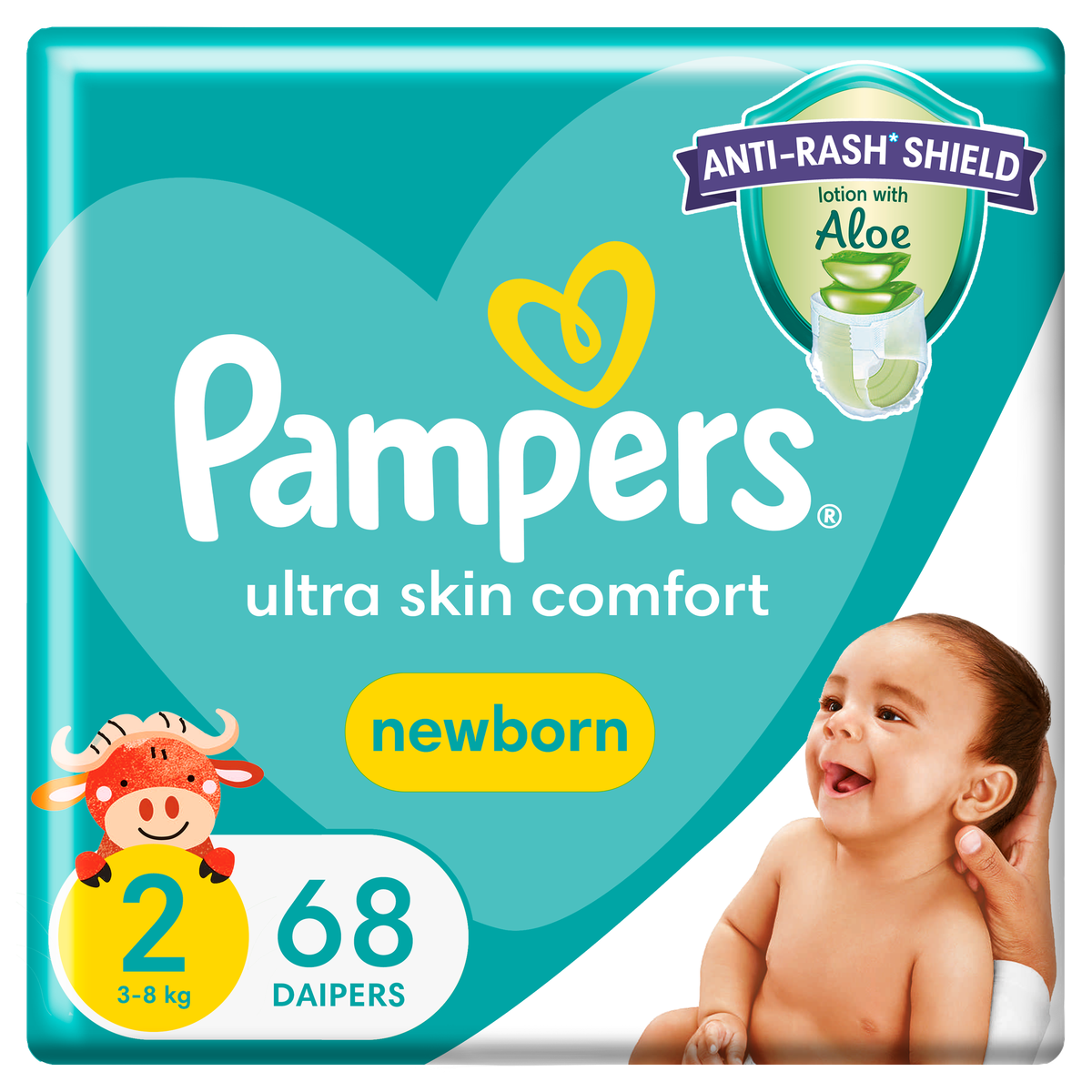 Pampers Anti-Rash Shield Taped Size 2 (3-8 kg) 68 Nappies, Lotion With ...