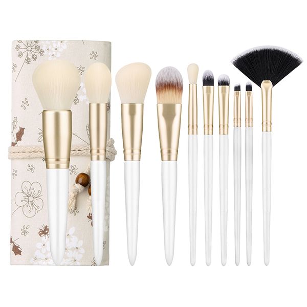 Classical 8 Piece Premium Makeup Brush Set with Floral Travel Bag – White