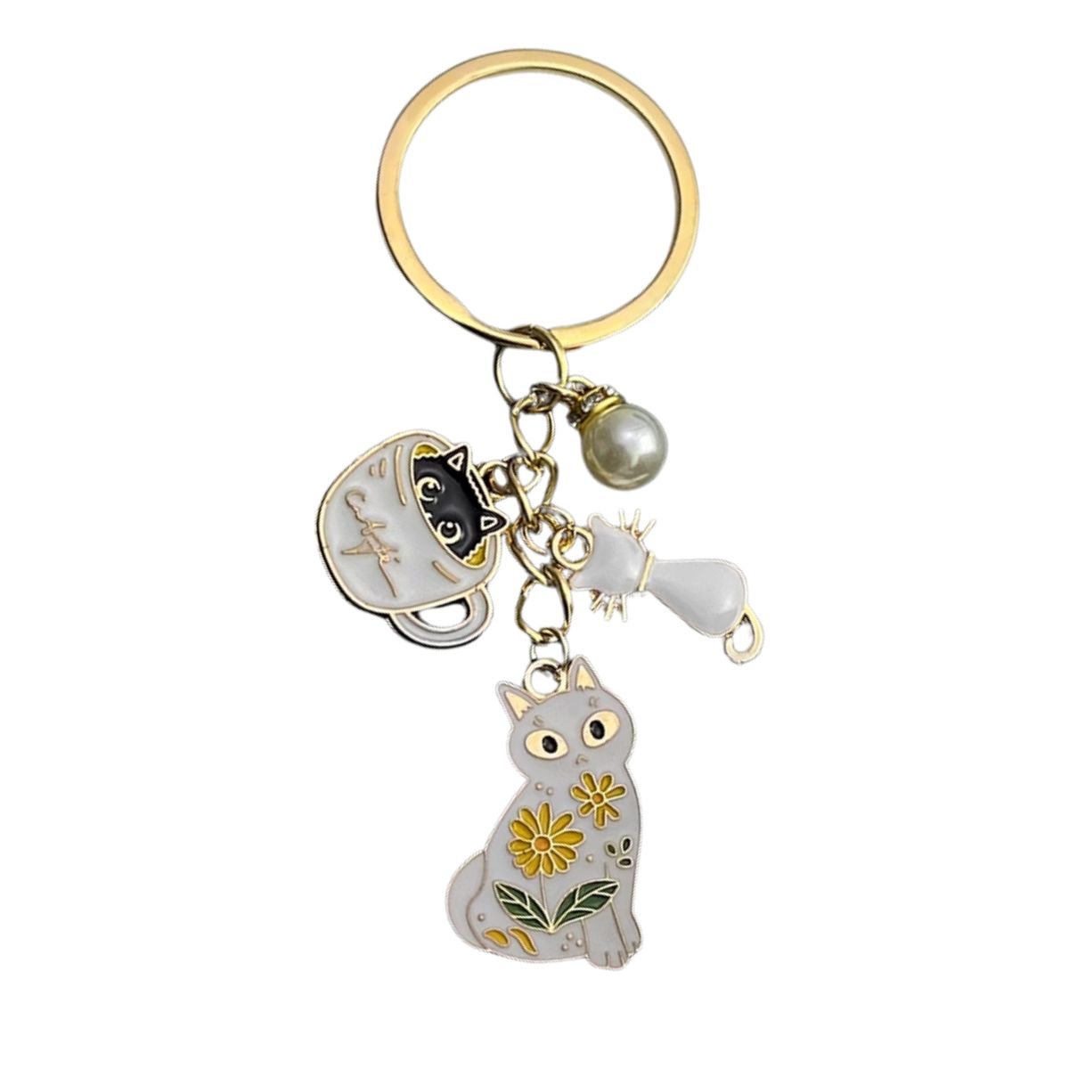 Cute White & Black Cat Metal Keychain - Gold Design Outlined