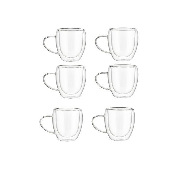 Set of 6 Double Wall Borosilicate Glass Thermal Mugs 350ml.