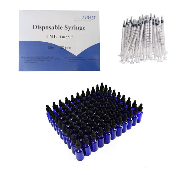 100 each 10ml Blue Medicine Bottles &amp; 1ml Syringe Aromatherapy Homeopathy