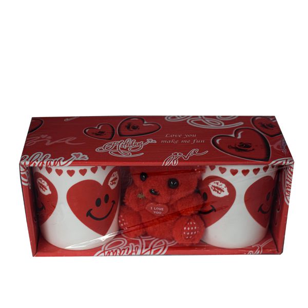 Mini Red Teddy Bear &amp; 2x Valentine's Day Couple Mugs Set