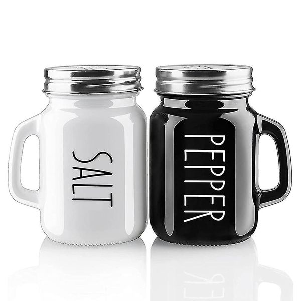 Ceramic Salt and Pepper Shaker Set Black White Farmhouse Handles