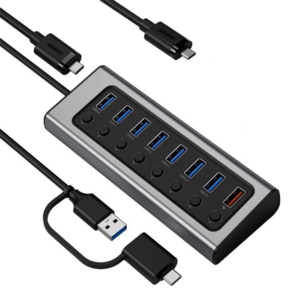 BENFEI USB-A/C 3.0 7-Port Powered Hub W/ 1x BC1.2 Port &amp; GaN Charger - Grey