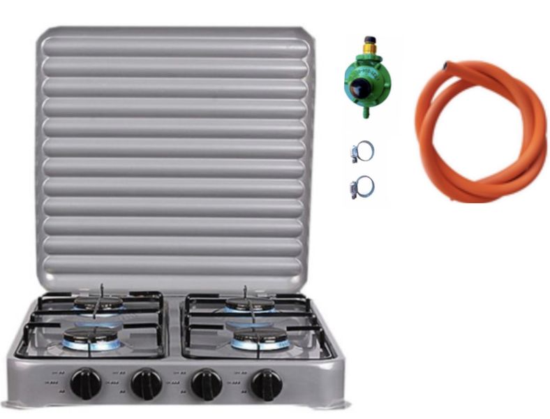Sokany - White - 4 Plate Gas Stove with Cover + Regulator Set