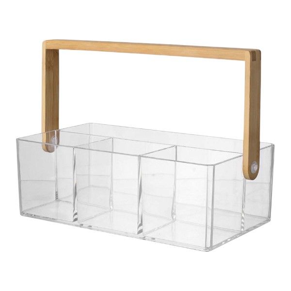 4-Compartment Acrylic &amp; Bamboo Handle Cutlery Organizer - Transparent