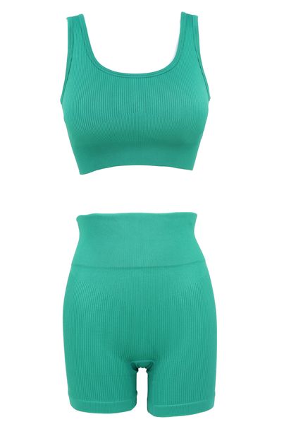 Women Seamless Workout Set Ribbed Crop Tank High Waist Short Yoga Outfits