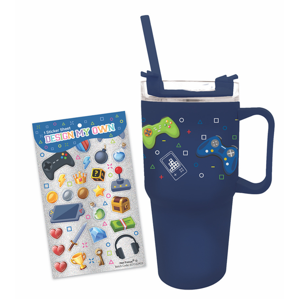 Hot Focus "On The Go" Gaming Mug with Straw and DIY Stickers - 600ml BPA Free