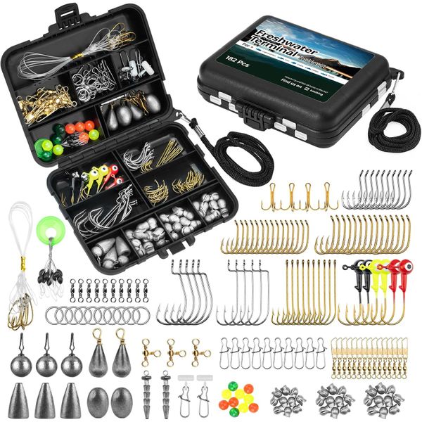 182Pcs Fishing Tackle Kit with Hooks, Sinkers &amp; Floats in Tackle Box