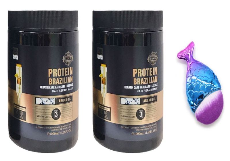 Keratin Brazilian Protein Hair Mask (2 x 1000ml) &amp; Edges Hairbrush