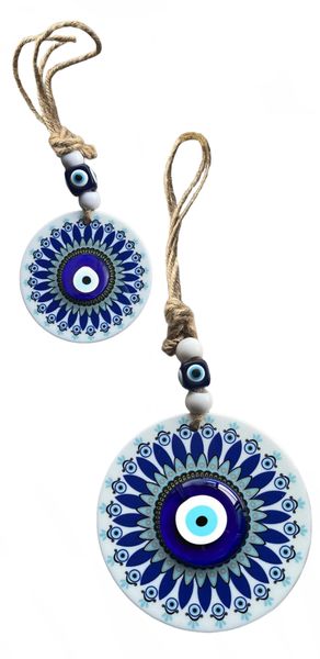 Set of Evil Eye Glass Bead Hanging Charms Diplayed On Turkish Resin Plate
