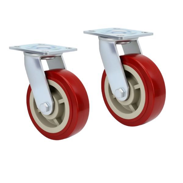 2 x 5 Inch Red Swivel Caster Wheels with Brake - Heavy Duty