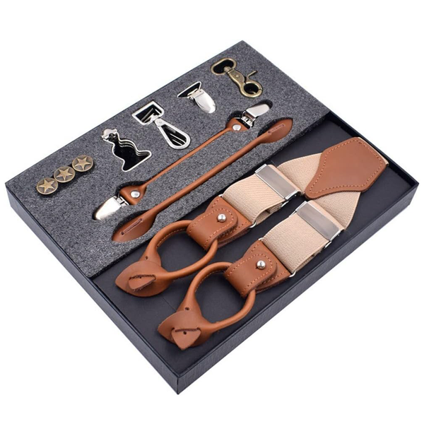 Men's Suspenders, Pack of 1, Beige Brown, Adjustable Clip, Leather Style