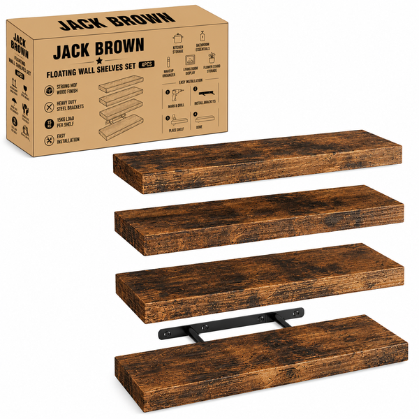Jack Brown 4-Piece Wall Mount Wood Floating Shelves Home Office Decor