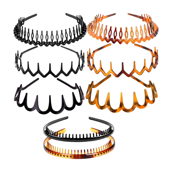 8 Piece Plastic Headbands Teeth Comb No Slip Skinny Leopard Black