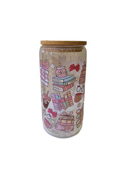 16oz Glass Cup with Bamboo Lids and Glass Straw-16oz - Book themed