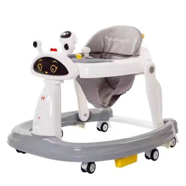 Anti-Rollover Baby Walker - Grey | Adjustable Height, Foldable Design