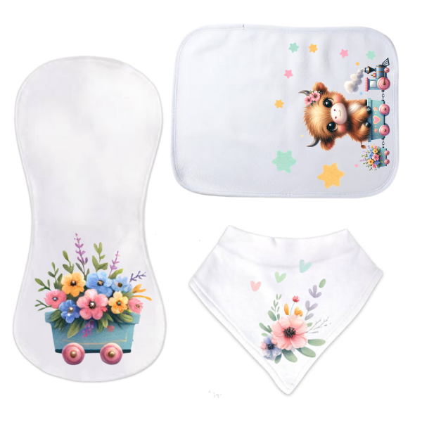 Baby-3 Piece Burp Cloth and Bandana Bib Gift Set-Combo#2-Highland Cow Girl