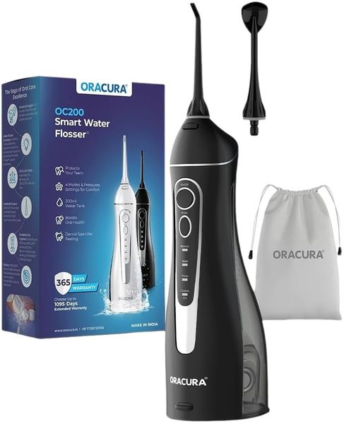 Cordless dental flosser with 2 nozzles, a 200ml water tank, and 4 modes.