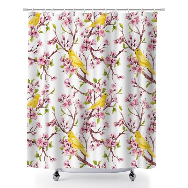 Bath Curtain Set, 180x180cm Quick-Dry Floral and Bird Print Shower Curtain