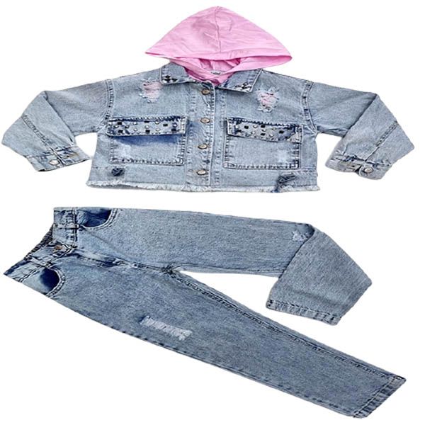 Girls Blue Denim Jean Set with a Cute Light Pink Hoodie